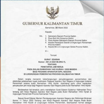 Pemprov Kaltim Terbitkan SE Jam Kerja Pegawai Selama Ramadan