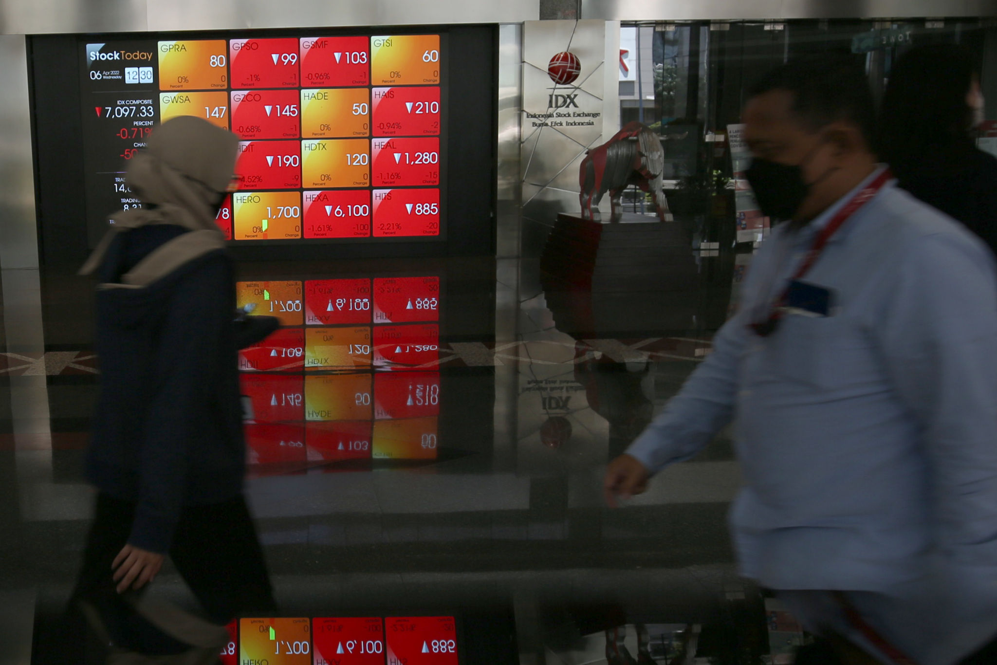 Karyawan beraktivitas di dekat layar monitor pergerakan indeks harga saham gabungan (IHSG) di kantor Bursa Efek Indonesia (BEI) Jakarta, Rabu, 6 April 2022. Foto: Ismail Pohan/TrenAsia