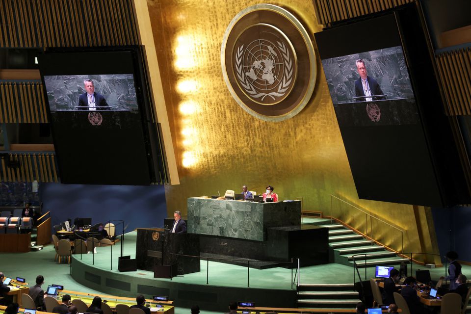 Rapat sidang majelis umum PBB pada Kamis, 7 April 2022 di New York.