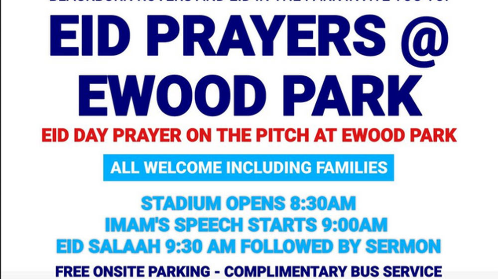 Klub sepak bola asal Inggris, Blackburn Rovers jadi yang pertama mengizinkan penggunaan stadion untuk salat Id di Inggris.