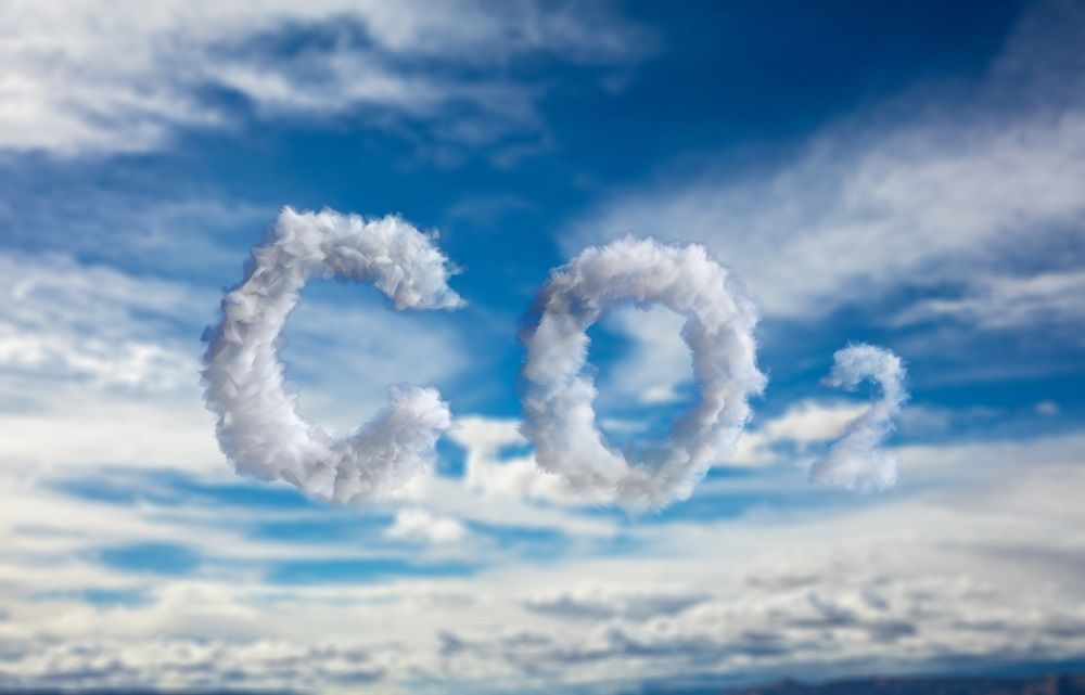 <p>CO2 carbon dioxide pollution sign. Emissions smog cloud symbol on blue cloudy sky background. Planet climate change, global warming concept. 3d illustration</p>
