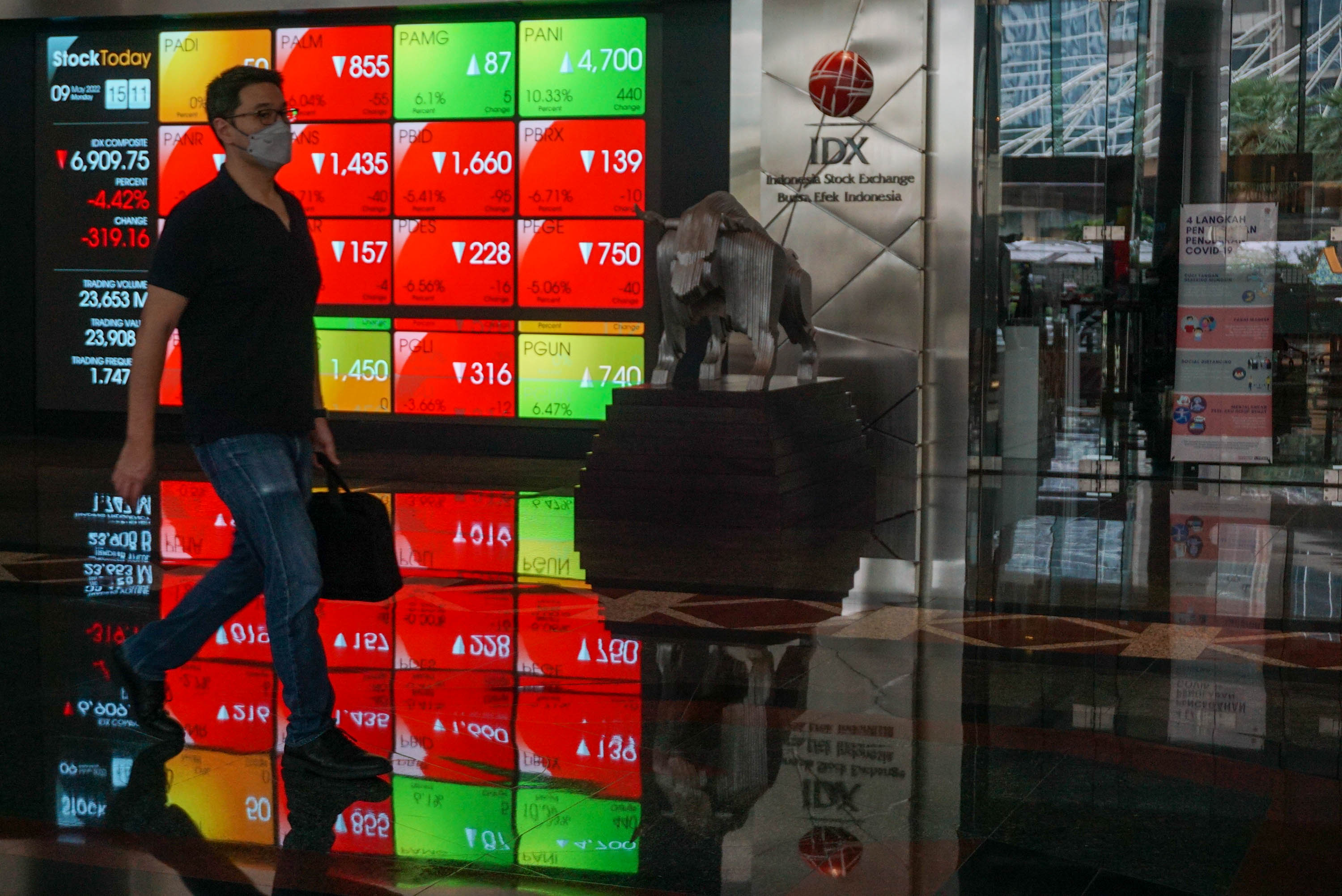 Karyawan melintas di depan layar pergerakan indeks harga saham gabungan (IHSG) di gedung Bursa Efek Indonesia (BEI) Jakarta, Senin, 9 Mei 2022. Foto: Ismail Pohan/TrenAsia