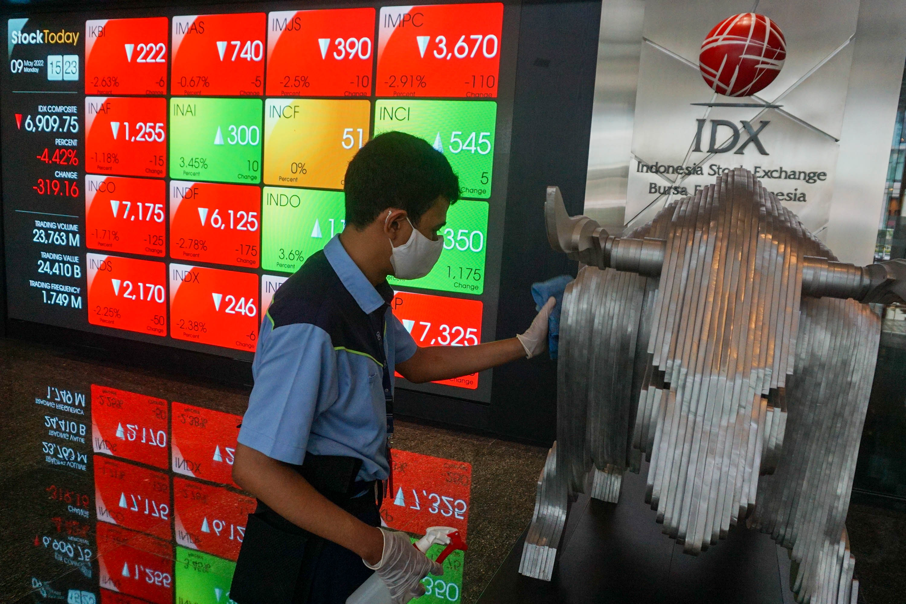 Karyawan beraktivitas di depan layar pergerakan indeks harga saham gabungan (IHSG) di gedung Bursa Efek Indonesia (BEI) Jakarta, Senin, 9 Mei 2022. Foto: Ismail Pohan/TrenAsia