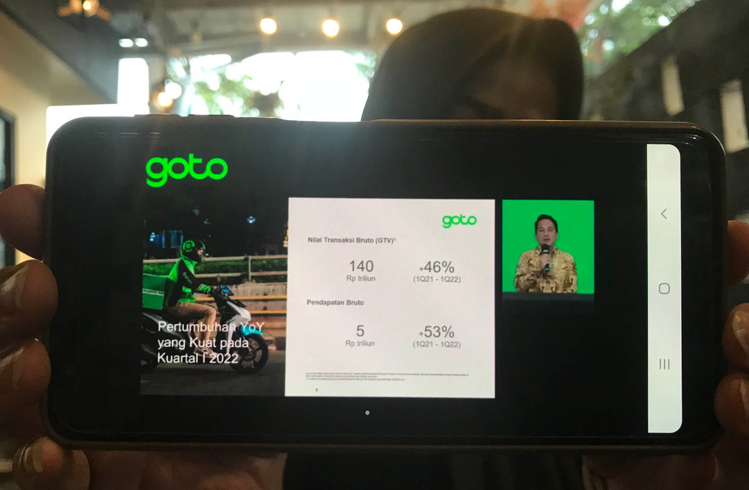 Konferensi pers kinerja PT GoTo Gojek Tokopedia Tbk yang berlangsung secara online,Senin 30 Mei 2022. Foto : Panji Asmoro/TrenAsia