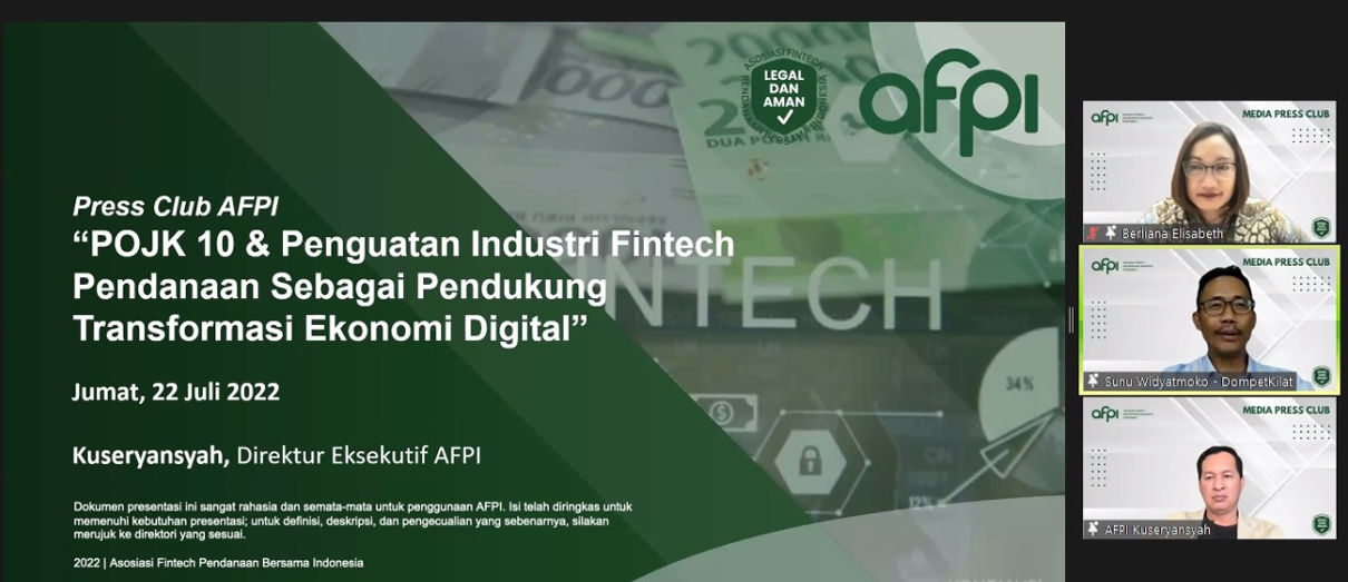 Kegiatan Pressclub AFPI bertema “ POJK 10 & Penguatan Industri Fintech Pendanaan Sebagai Pendukung Transformasi Ekonomi Digital” yang diadakan secara virtual.