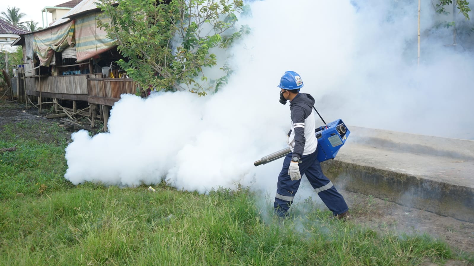 Penyemprotan asap fogging guna mencegah terjangkit penyakit Demam Berdarah Dengue (DBD).
