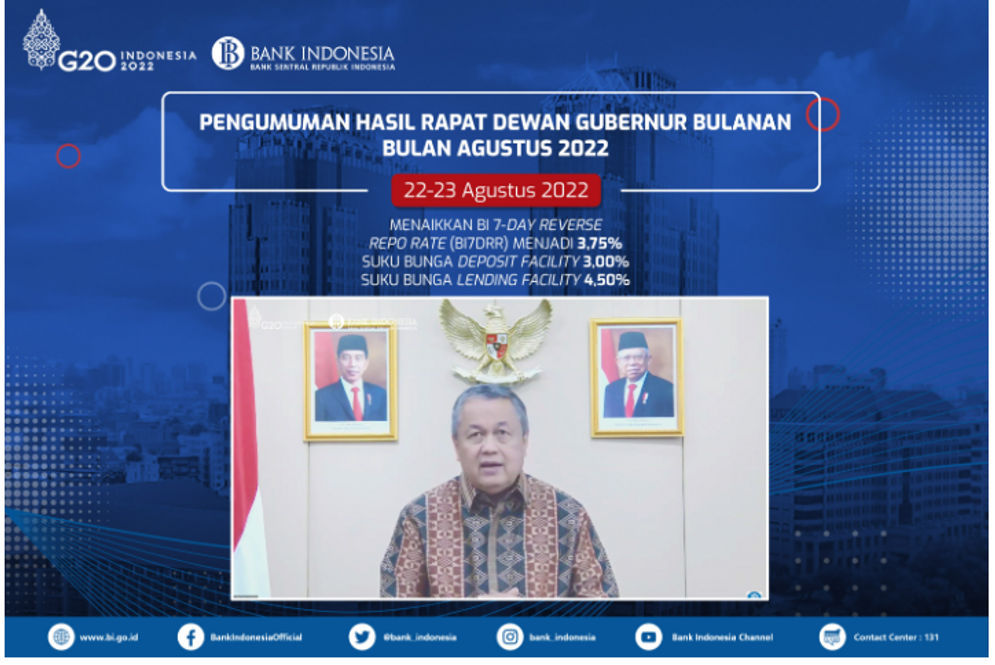 Bank Indonesia akhirnya menaikkan suku bunga acuan BI 7-Day Reverse Repo Rate (BI7DRR) sebesar 25 bps menjadi 3,75% pada Agustus 2022.