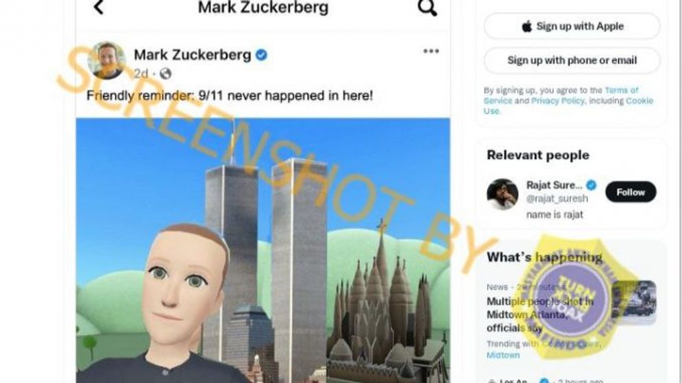 HOAX:  Mark Zuckerberg: " Friendly reminder:0/11 never happened in here!"