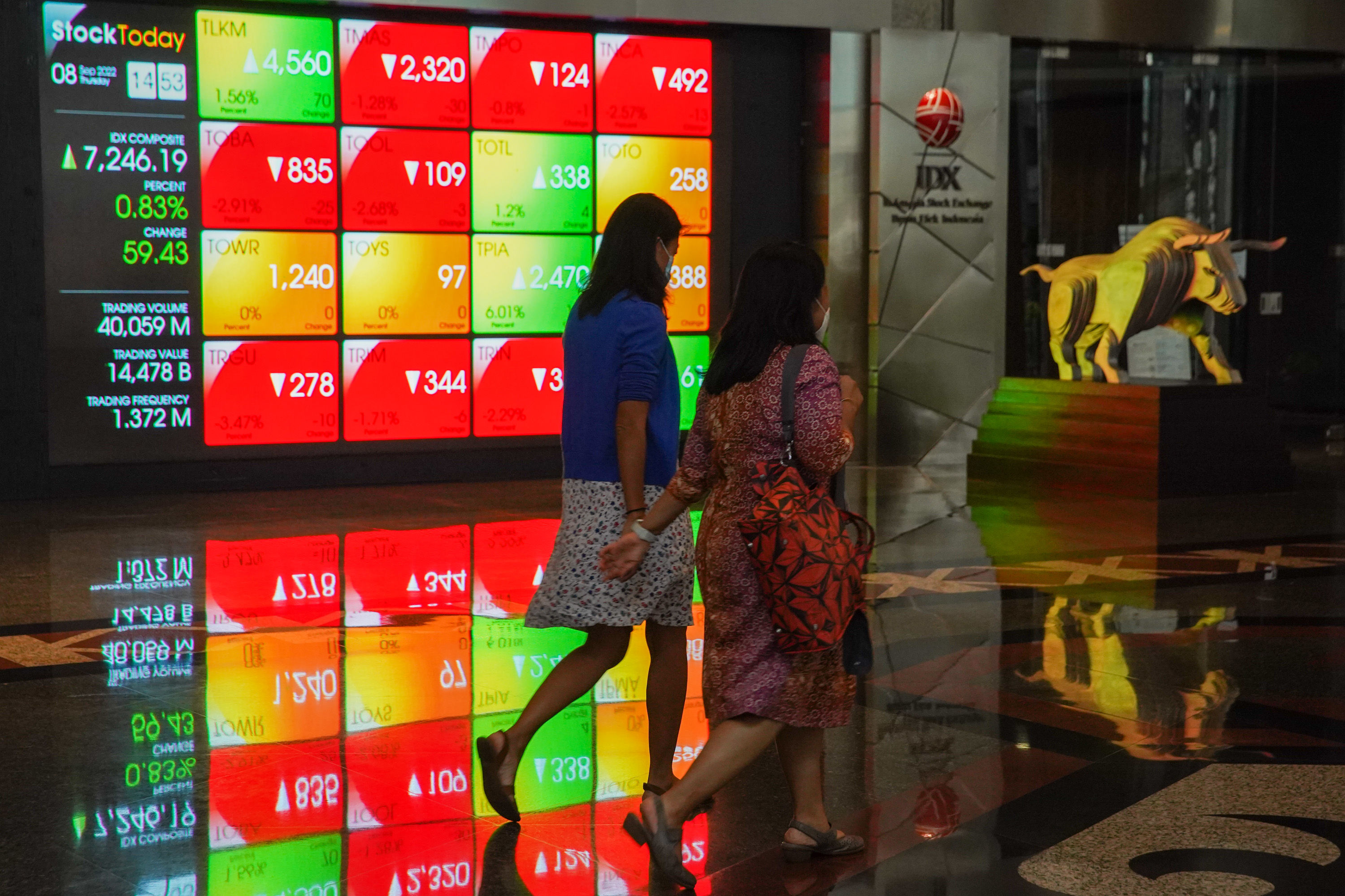 Karyawan berkatifitas dengan latar layar monitor pergerakan indeks harga saham gabungan (IHSG) di gedung Bursa Efek Indonesia (BEI), Jakarta, 8 September 2022. Foto: Ismail Pohan/TrenAsia