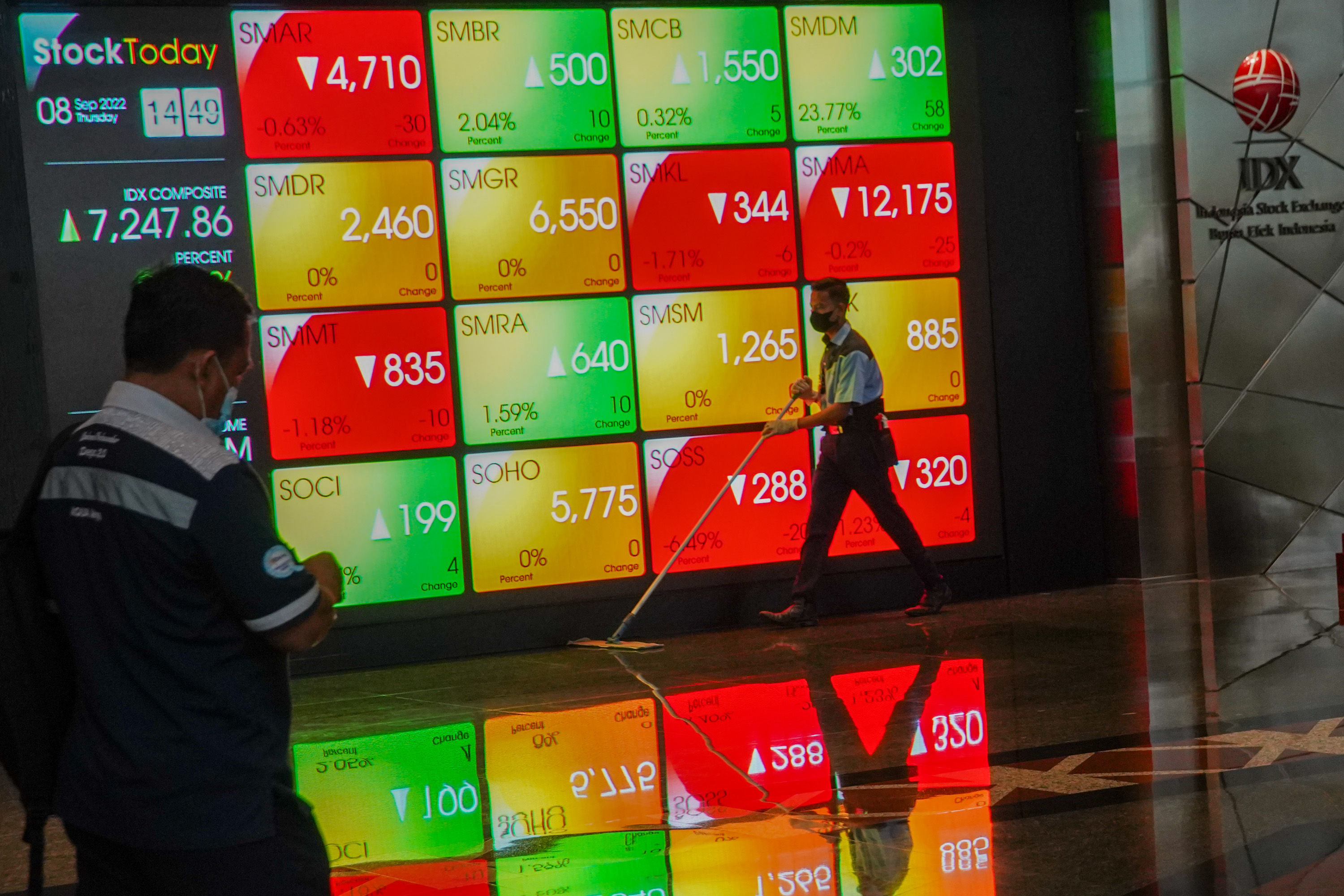 Karyawan beraktivitas dengan latar layar monitor pergerakan indeks harga saham gabungan (IHSG) di gedung Bursa Efek Indonesia (BEI), Jakarta, 8 September 2022. Foto: Ismail Pohan/TrenAsia
