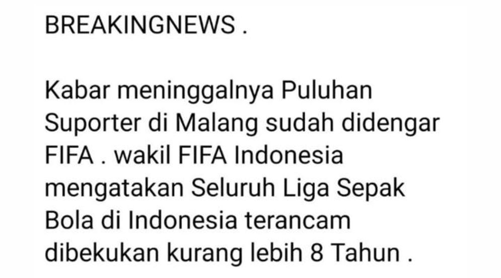 Hoax FIFA sanksi Liga Sepak Bola Indonesia 8 tahun