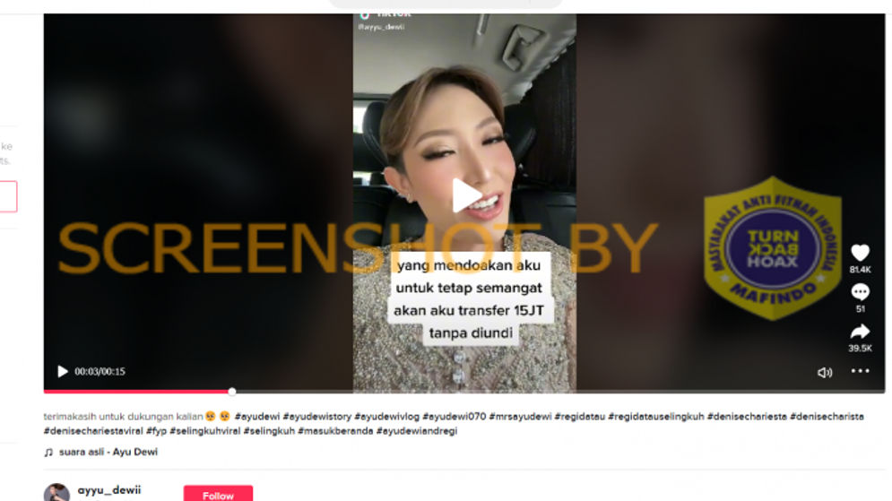 Hoax: Akun TikTok Ayu Dewi Bagikan Uang Rp 15 Juta