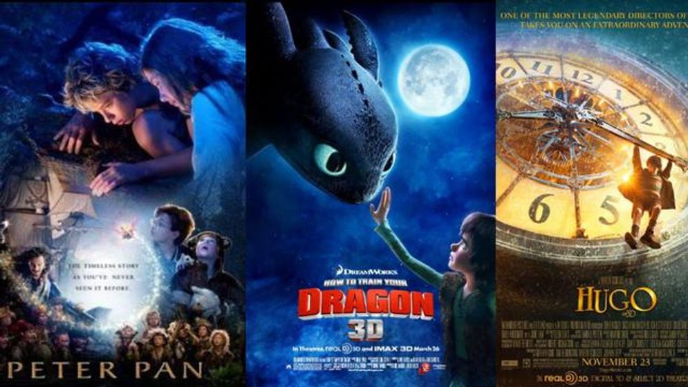 Ilustasi poster film Peterpan, Hugo dan How to Train Your Dragon. 