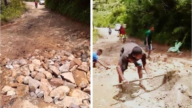 Tak Kunjung Diperhatikan,  Sejumlah Sopir di Manggarai Ini Perbaiki Jalan Rusak Secara Swadaya