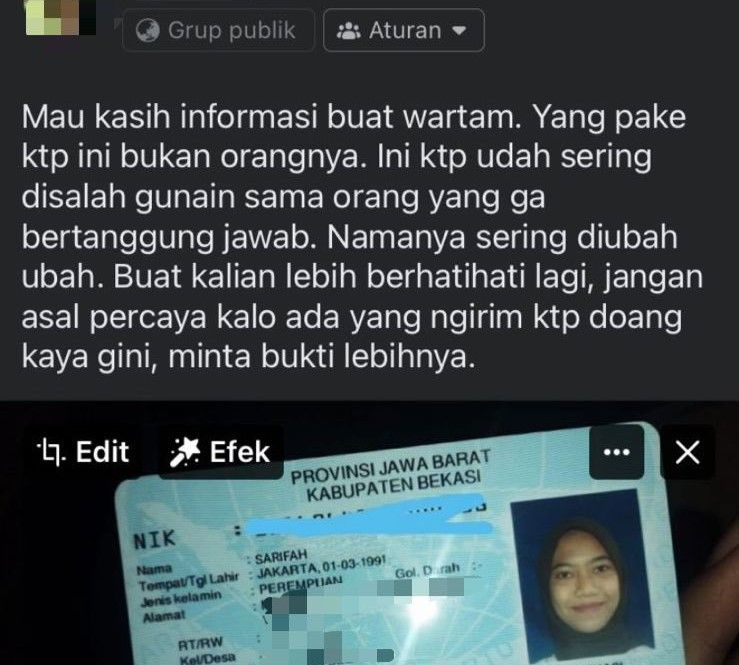 Seorang pengguna Facebook membagikan KTP yang dijadikan modus untuk melakukan penipuan. Pemilik KTP membuat utas panjang menjelaskan kronologi tersebarnya identitas itu. 