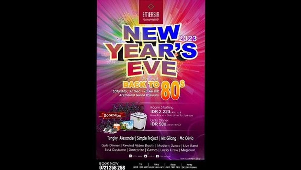 Merayakan tahun baru 2023, Emersia Hotel & Resort Lampung menggelar gala dinner dengan tema Back to 80's pada Sabtu, 31 Desember 2022.