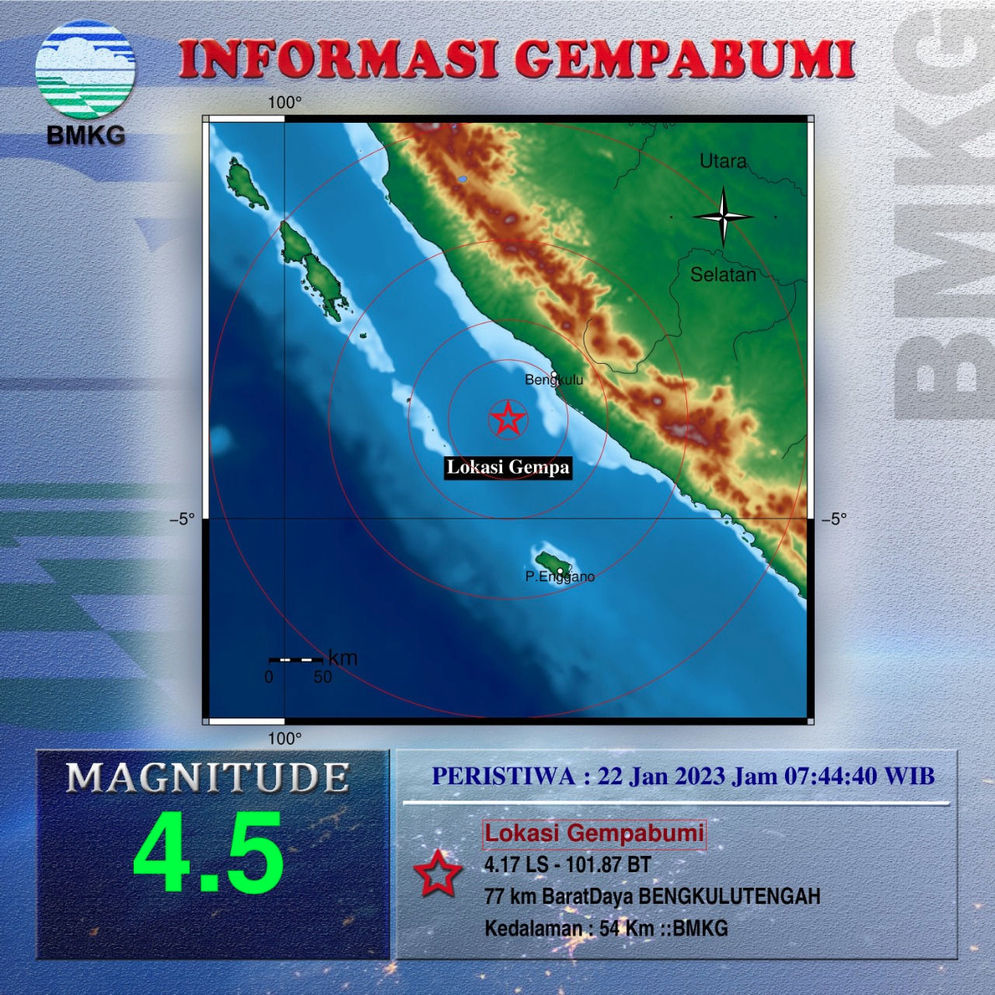 Gempa berkekuatan 4,5 SR kembali mengguncang Kota Bengkulu, pada pukul 07:44:40 waktu setempat pada Minggu, 22 Januari 2023. 
