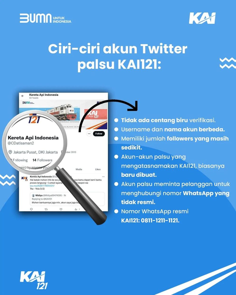 PT Kereta Api Indonesia (Persero) Divre IV Tanjungkarang mengingatkan masyarakat agar waspada terhadap akun media sosial palsu.