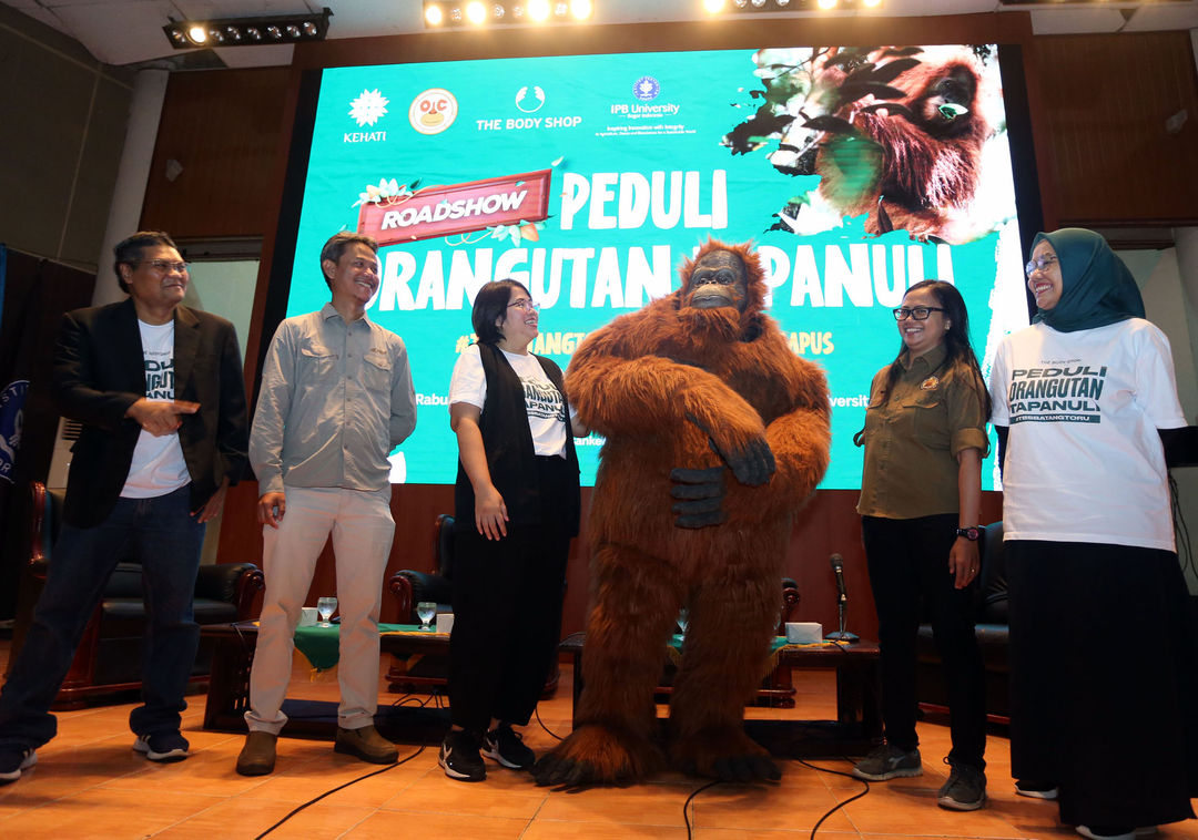 Dari ki-ka : Manajer Program Ekosistem Kehutanan KEHATI Rio Rovihandono - Dosen Fakultas Kehutanan IPB University Sutopo - Corporate Values Manager The Body Shop Indonesia, Dita Agustia - Direktur Yayasan Orangutan Sumatera Lestari,Orangutan Information Centre Fransisca Ariantiningsih - Direktur Komunikasi dan Kemitraan Yayasan KEHATI Rika Anggraini berbincang sebelum talkshow di acara Roadshow Peduli Orangutan Tapanuli di Kampus IPB Bogor, Rabu 8 Maret 2023. Foto : Panji Asmoro/TrenAsia