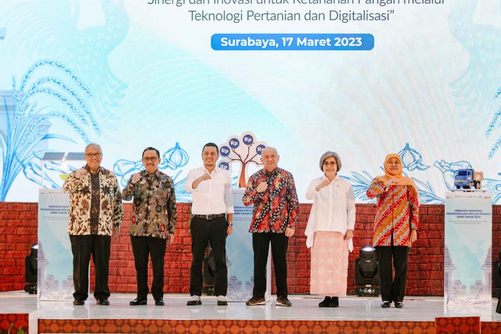 Pertemuan untuk mencanangkan Gerakan Nasional Pengendalian Inflasi Pangan (GNPIP) Jawa Timur (17/3) yang mengangkat tema Sinergi & Inovasi untuk Ketahanan Pangan Nasional Jumat (17/3/2023).