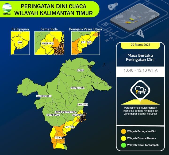 Badan Meteorologi Klimatologi dan Geofisika (BMKG) menginformasikan prakiraan cuaca hari ini di Provinsi Kalimantan Timur, Senin 20 Maret 2023. 