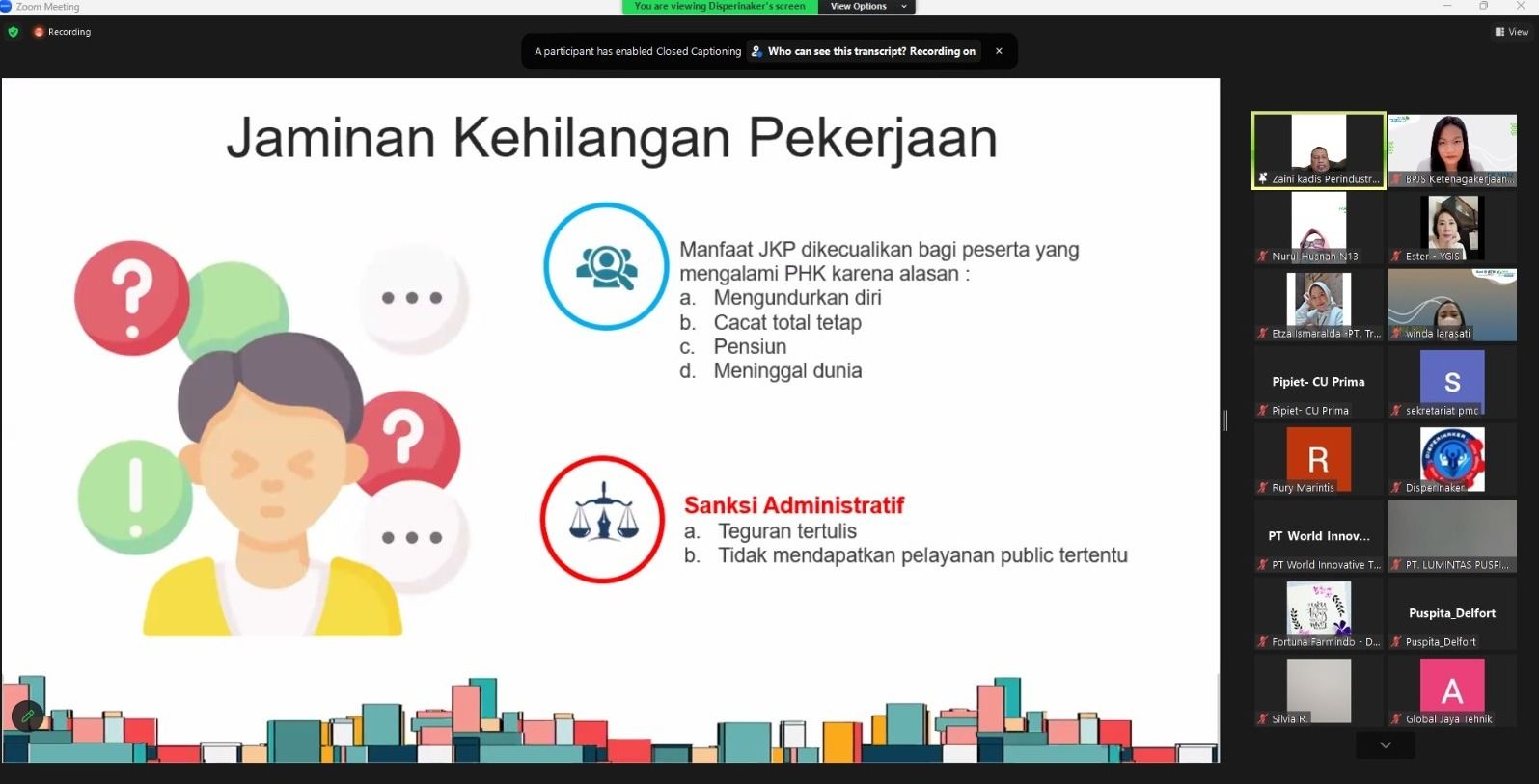 Sosialisasi JKP yang digelar BPJS Ketenagakerjaan Surabaya Darmo secara daring, Selasa (21/3/2023). 