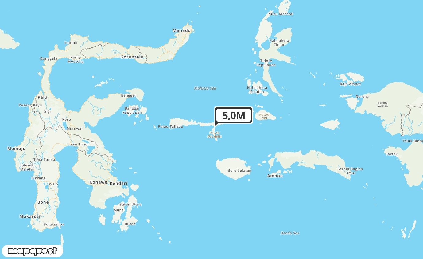 Pusat gempa berada di laut 13 km BaratDaya Sanana