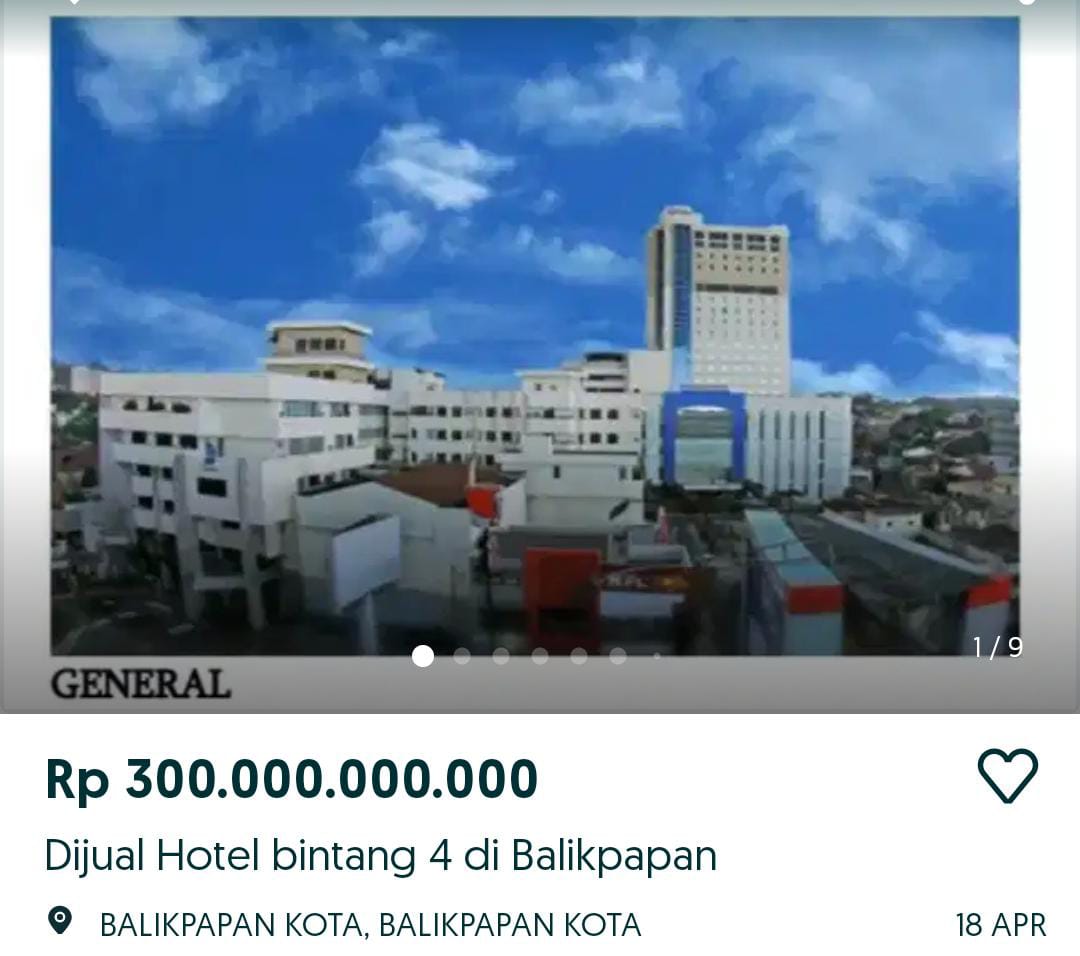 Sejumlah hotel di Balikpapan ditawarkan melalui aplikasi jual beli online. Harganya dari Rp35 miliar sampai Rp300 miliar. Sumber: OLX 