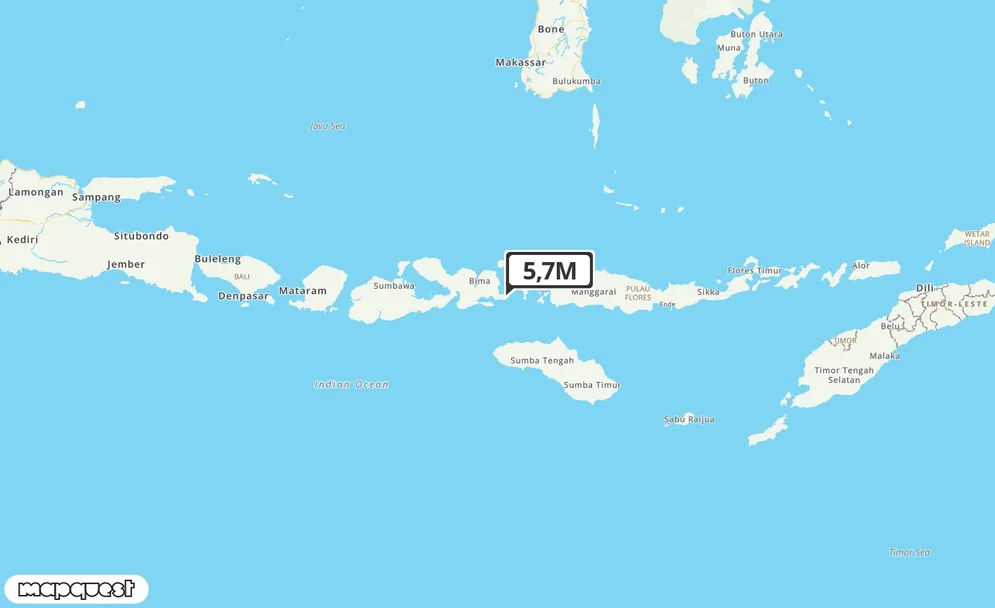 Gempa berkekuatan magnitudo (M) 5.7 terjadi di laut arah Tenggara , Kota Bima.