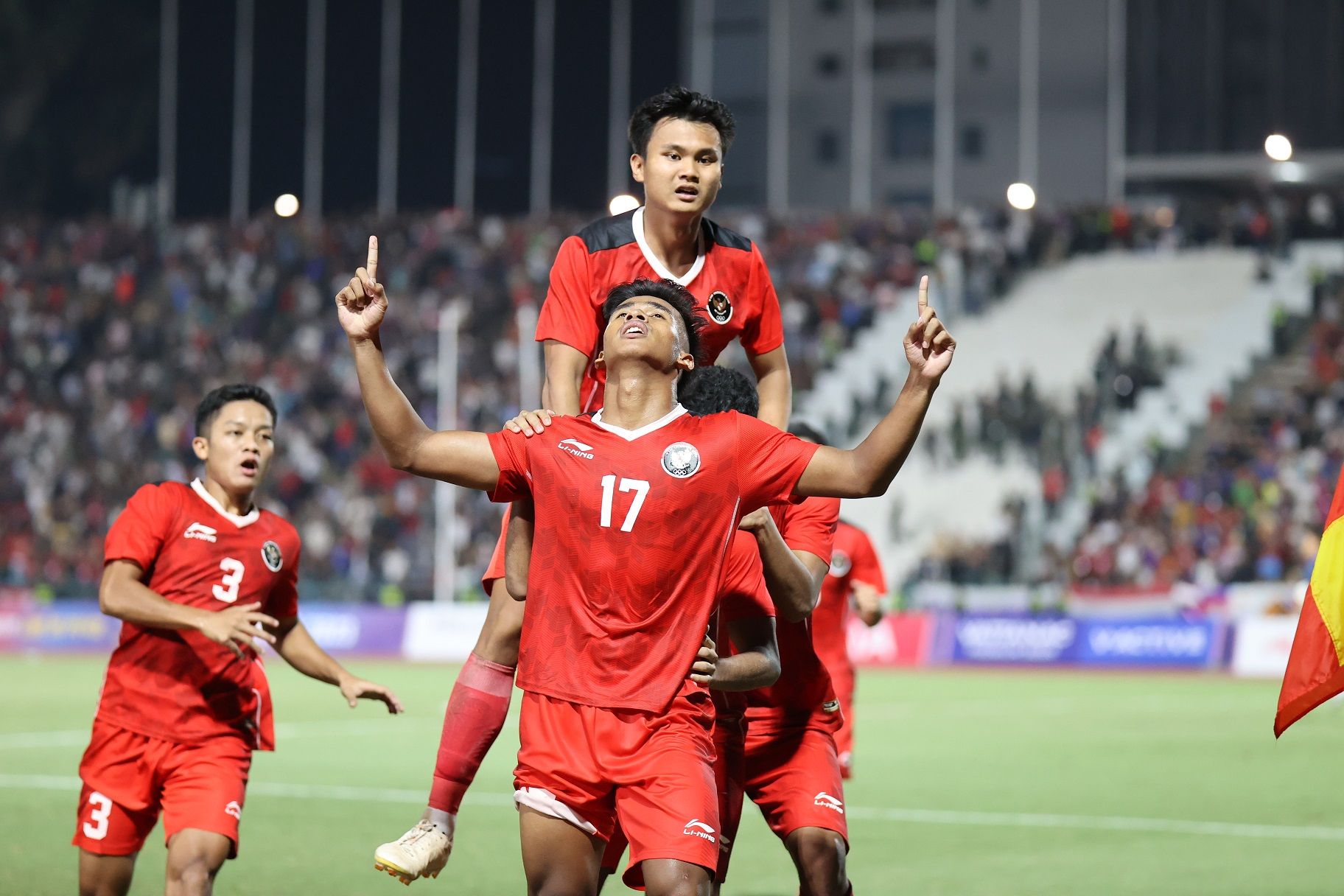 Striker Timnas Indonesia U-22, Irfan Jauhari, merayakan gol ke gawang Thailand dalam final cabang sepak bola SEA Games 2023 di Kamboja, Selasa 16 Mei 2023.