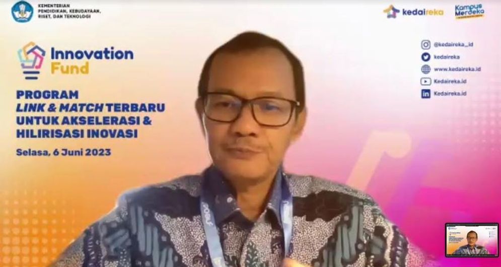 Plt. Direktur Jenderal Pendidikan Tinggi, Riset, dan Teknologi Kemendikbudristek RI, Prof. Nizam saat menyampaikan sambutan pada peluncuran Kedaireka Innovation Fund secara daring pada Selasa, 6 Juni 2023. 