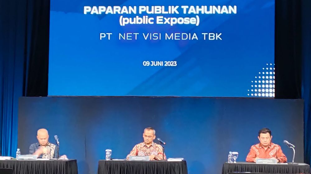 CEO PT Net Visi Media Tbk (NETV) Deddy Hariyanto mengungkapkan sejumlah strategi bisnis NETV dalam persaingan media sepanjang tahun 2023 saat Public Expose RUPS NETV di Jakarta, Jumat, 9 Juni 2023.