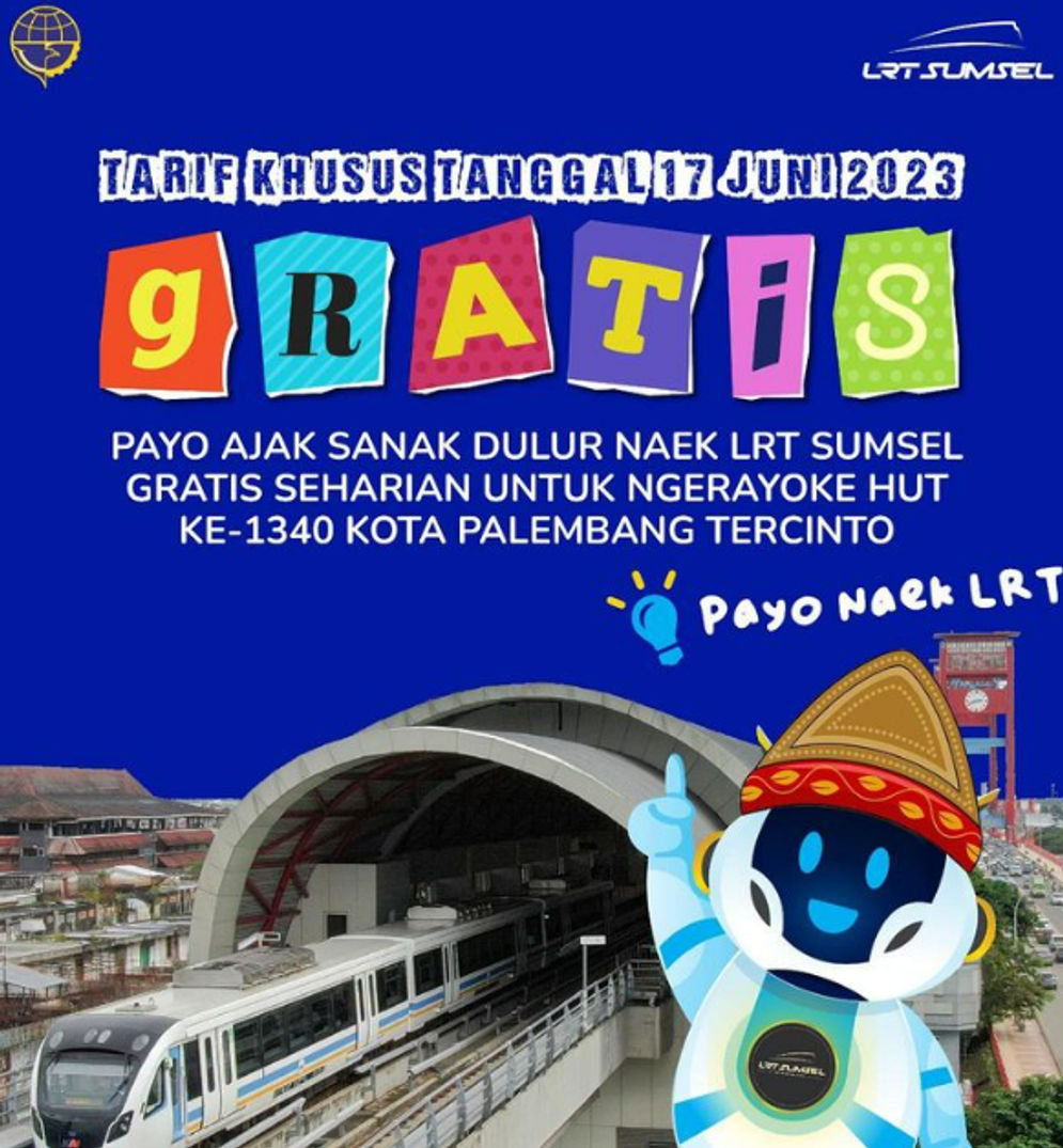 Rayakan HUT Palembang ke-1.340 Besok, LRT Sumsel Gratiskan Layanan Sehari