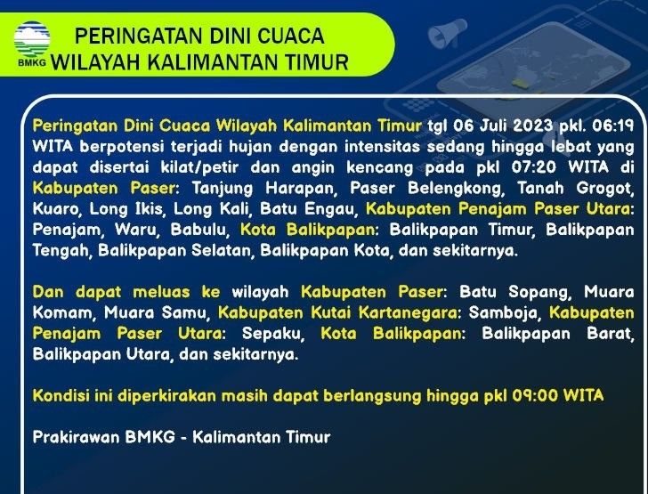 Prakiraan Cuaca di Balikpapan, Kamis 6 Juli 2023