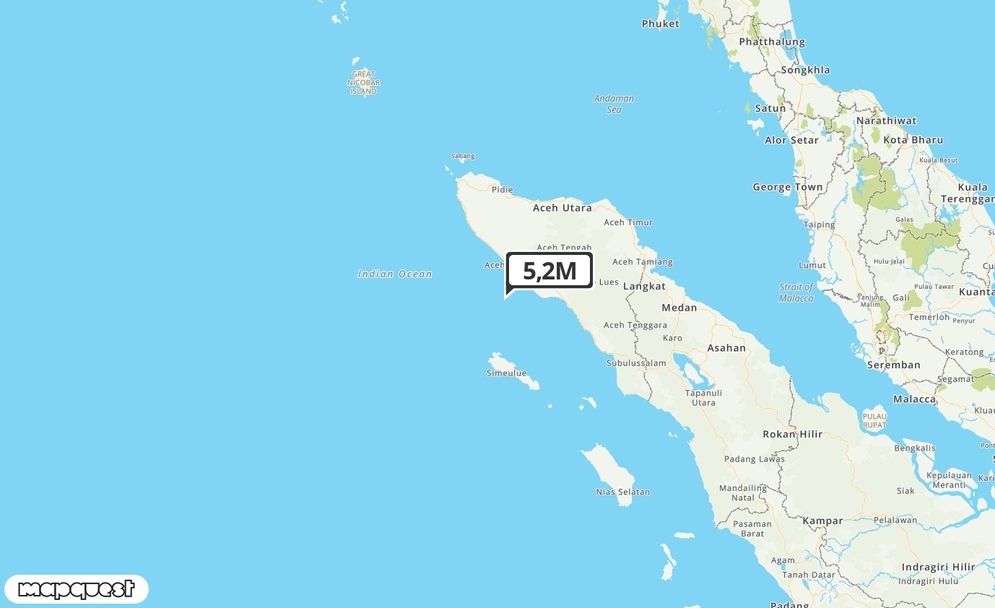 Gempa di Aceh, Meulaboh di Laut 63 Km Barat Daya 5.2 