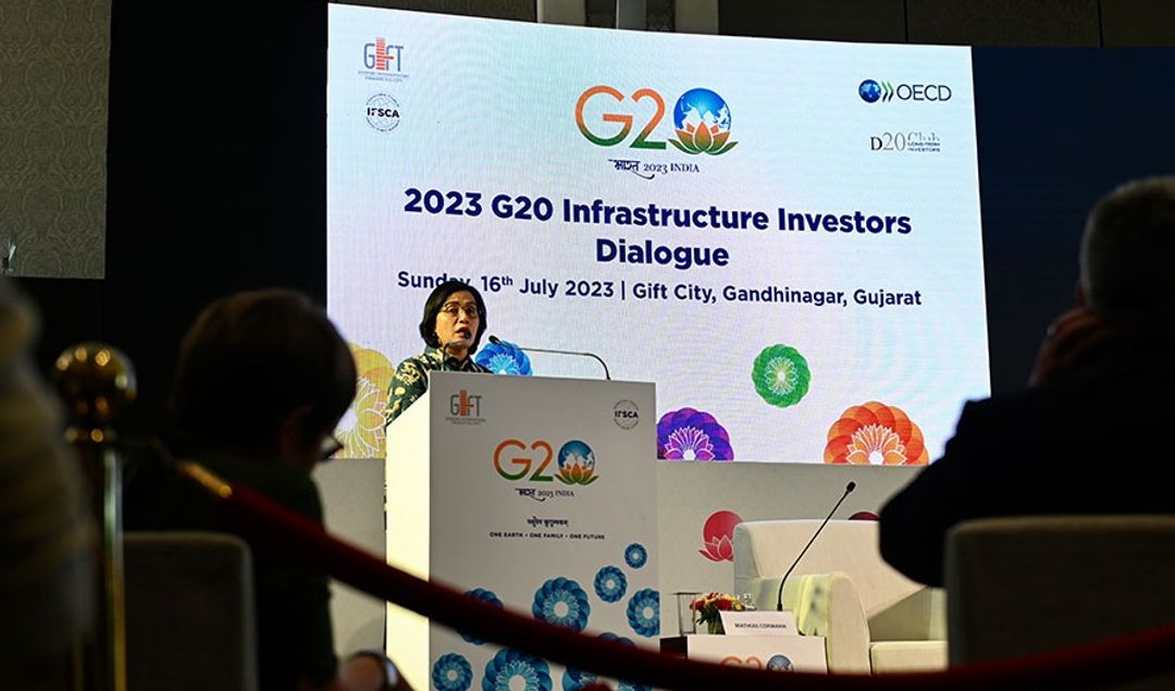 Potret Sri Mulyani dalam acara on G20 Infrastructure Investors Dialogue di Kota Gandhinagar, Gujarat