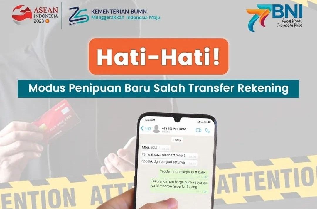 Ilustrasi modus penipuan baru salah transfer uang dari Bank BNI.