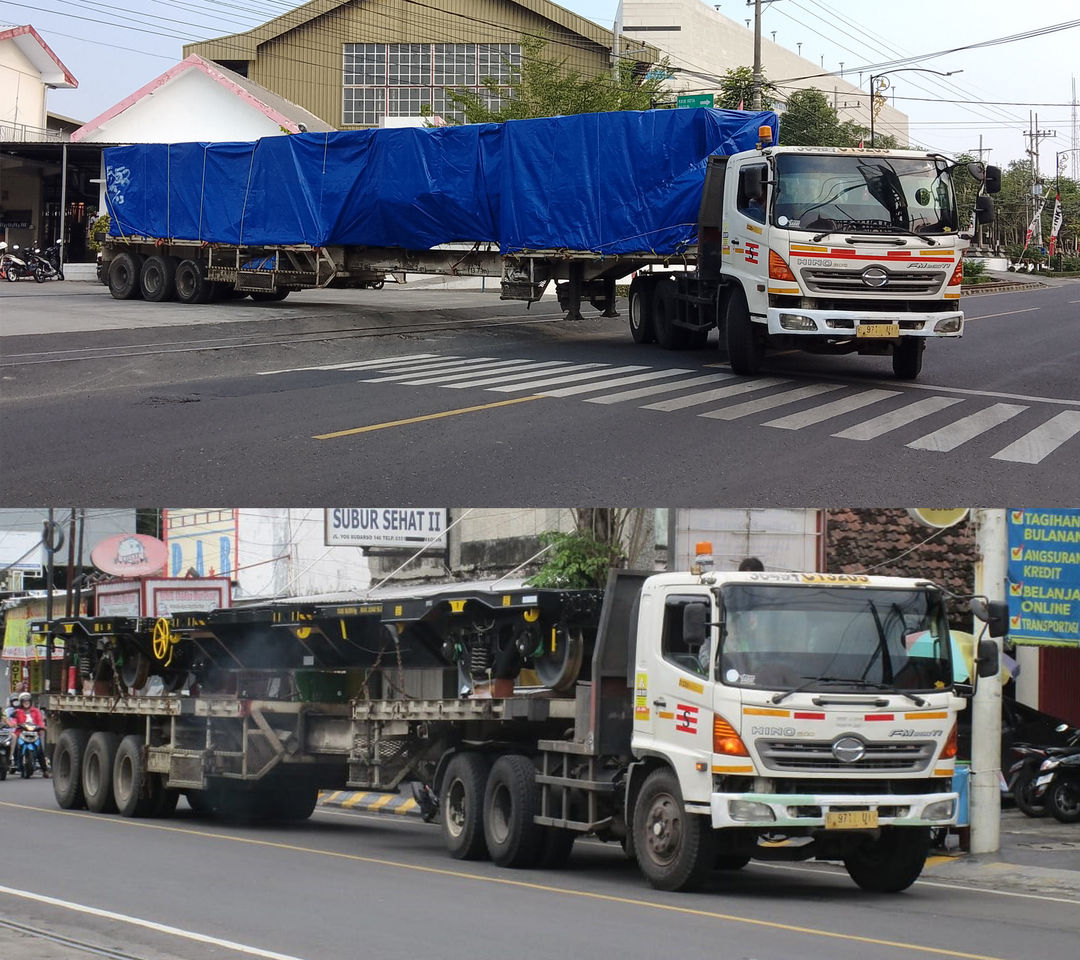 Pengiriman gerbong datar dengan menggunakan truk trailer 