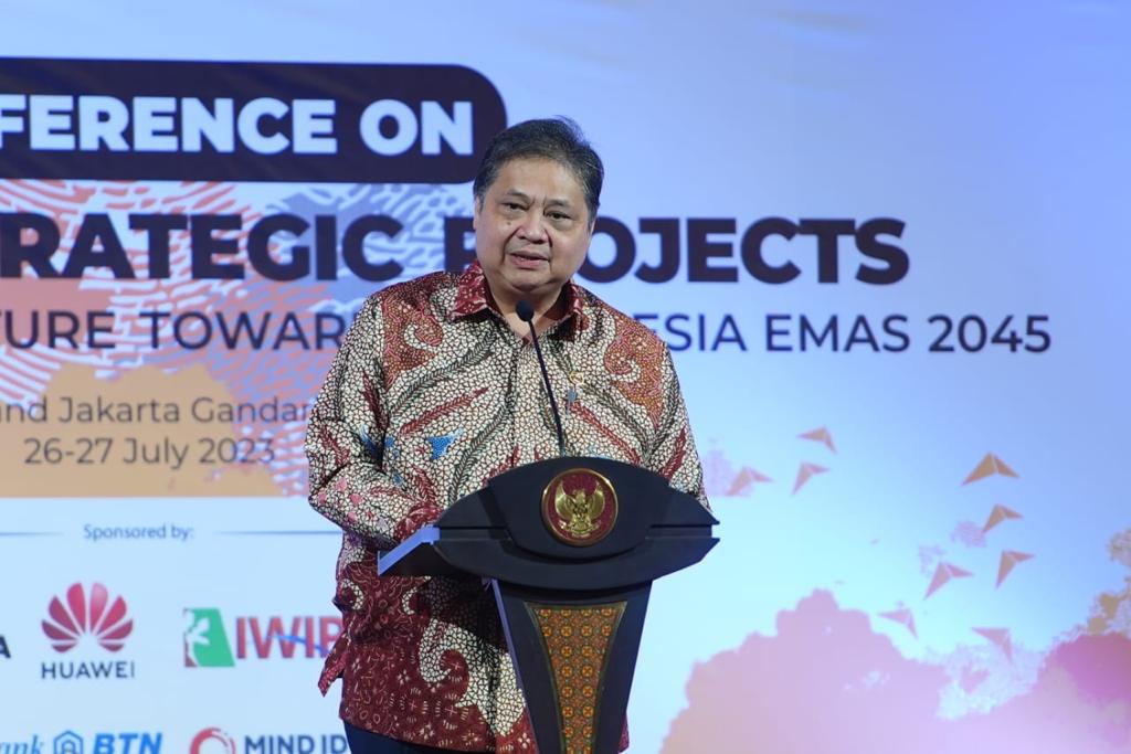Menteri Koordinator Bidang Perekonomian, Airlangga Hartarto dalam Conference on National Strategic Projects (PSN) di Jakarta pada Rabu, 26 Juli 2023.