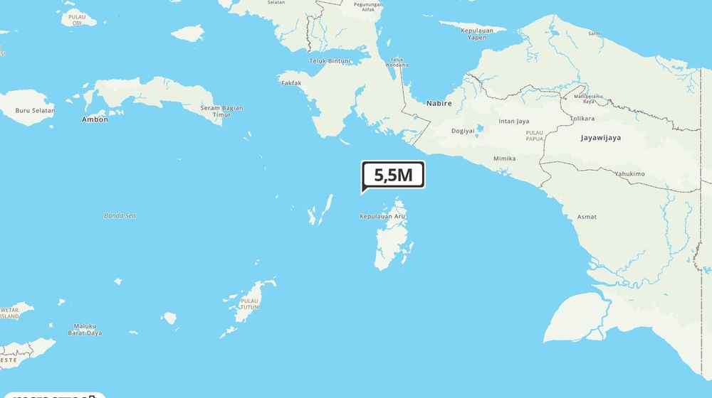 Pusat gempa berada di laut 74 km Barat Laut Dobo