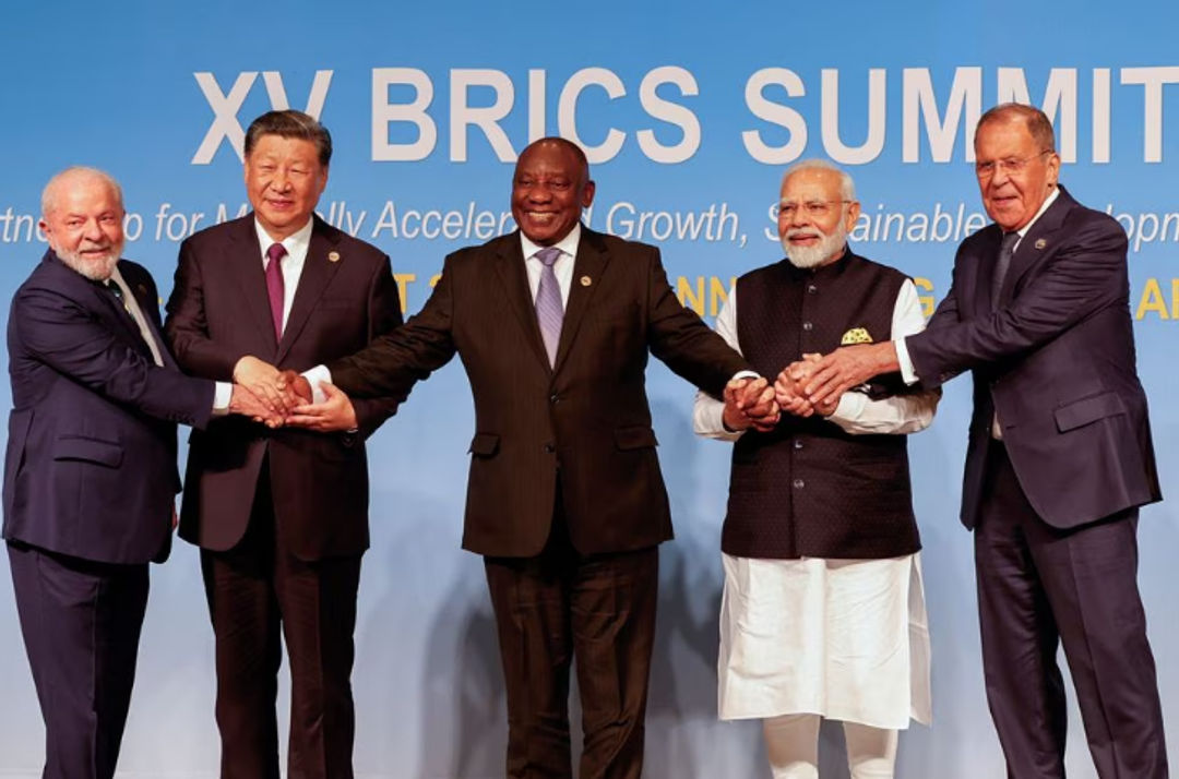 Presiden Brasil Luiz Inacio Lula da Silva, Presiden China Xi Jinping, Presiden Afrika Selatan Cyril Ramaphosa, Perdana Menteri India Narendra Modi, dan Menteri Luar Negeri Rusia Sergei Lavrov