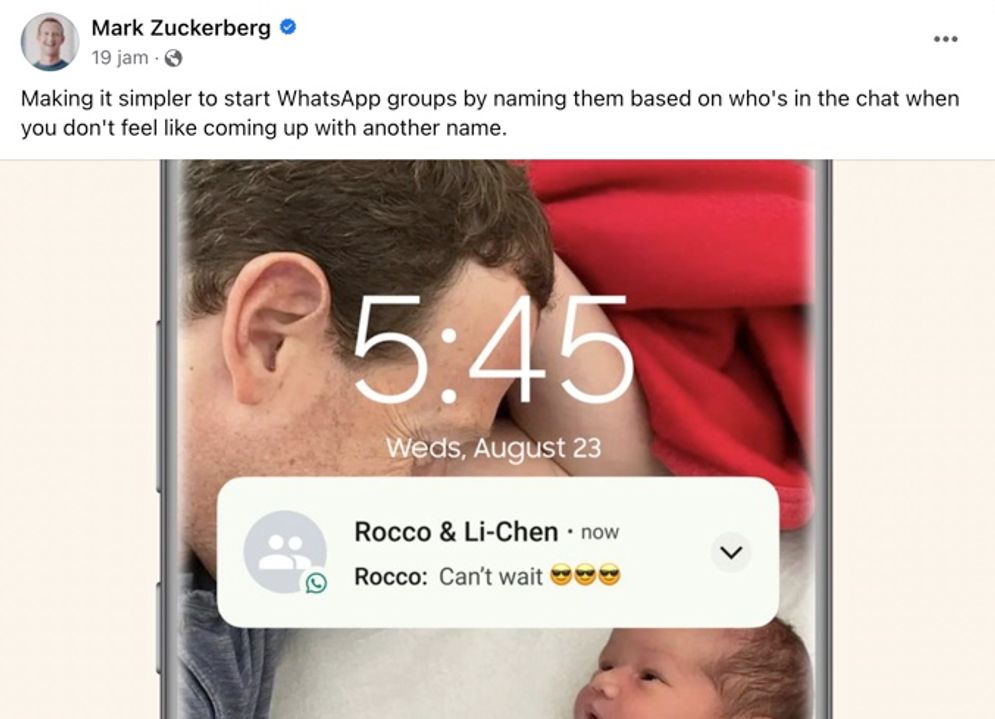 CEO Meta Mark Zuckerberg mengumumkan di halaman Facebook dan channel Instagram Meta, pengguna dapat membuat grup WhatsApp dengan mudah tanpa harus menentukan nama 