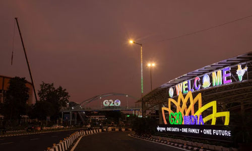 Logo G20 Ditampilkan di Depan Tempat Utama KTT di New Delhi, India