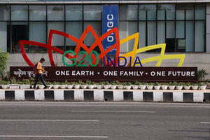 Logo KTT G20 di New Delhi, India