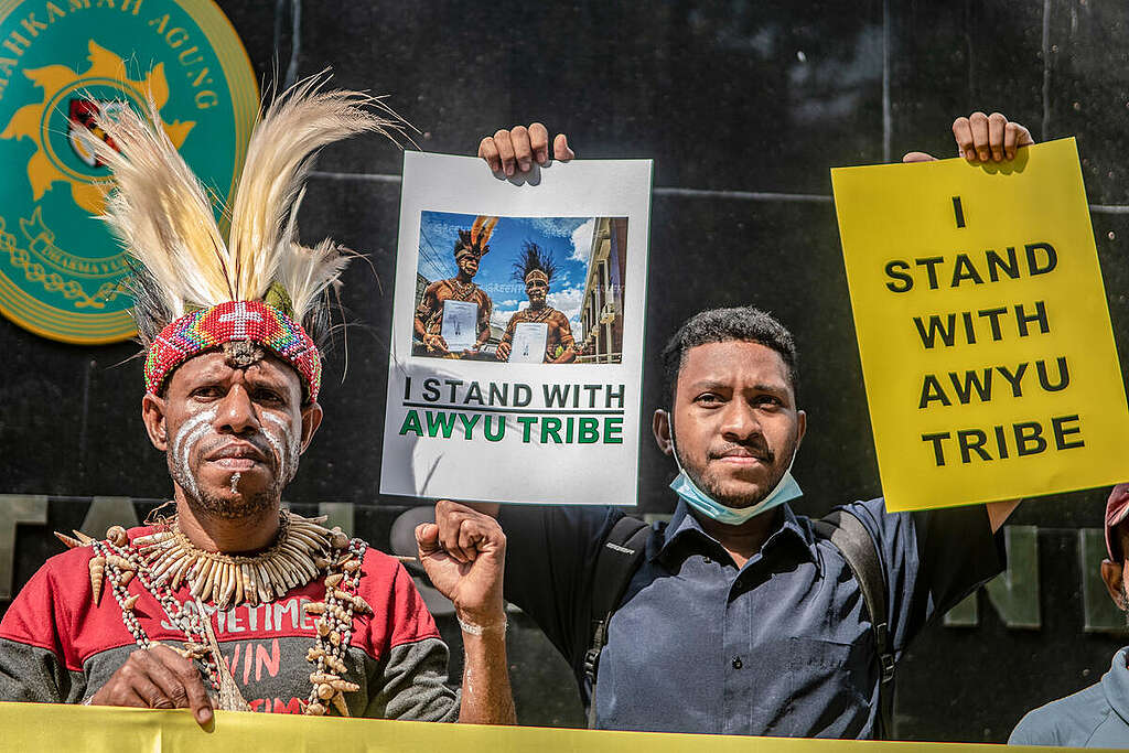 Mahasiswa dan aktivis Greenpeace bersama Gregorius Yame dari Masyarakat Asli Papua Suku Awyu (kiri) bersolidaritas saat menghadiri sidang kasus pencabutan izin kawasan hutan di Pengadilan Tata Usaha Negara (PTUN) Jakarta belum lama ini.