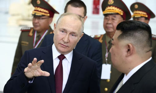 Presiden Rusia Vladimir Putin dan Pemimpin Korea Utara Kim Jong Un