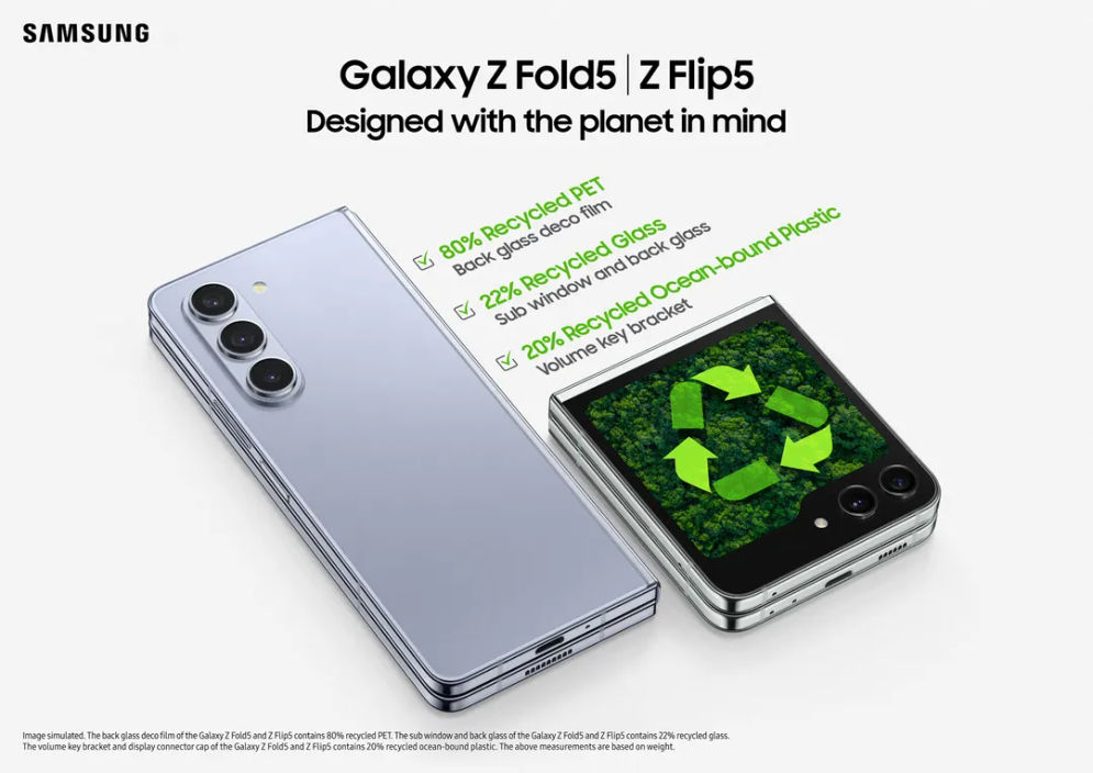 Galaxy Z Fold5 dan Z Flip5 gunakan material daur ulang tersebut tiga kali lipat lebih banyak dibanding generasi seri Galaxy Z sebelumnya.