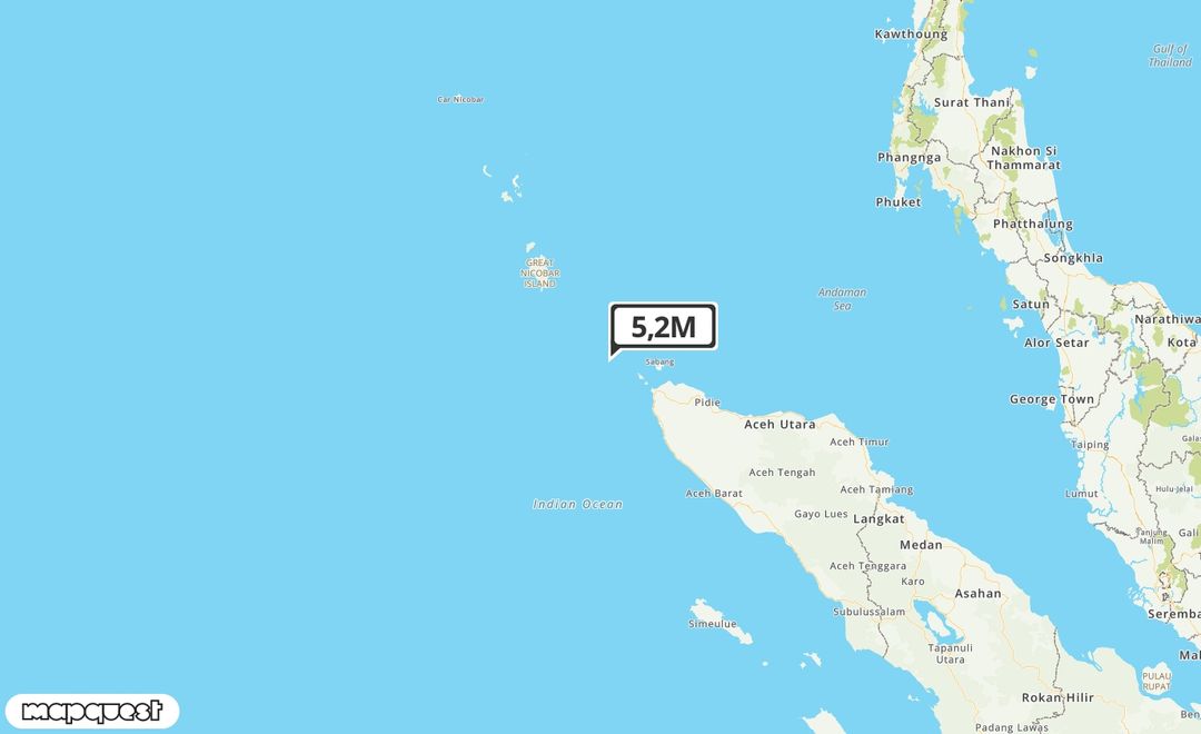 Pusat gempa berada di laut 83 km Barat Daya Kota Sabang