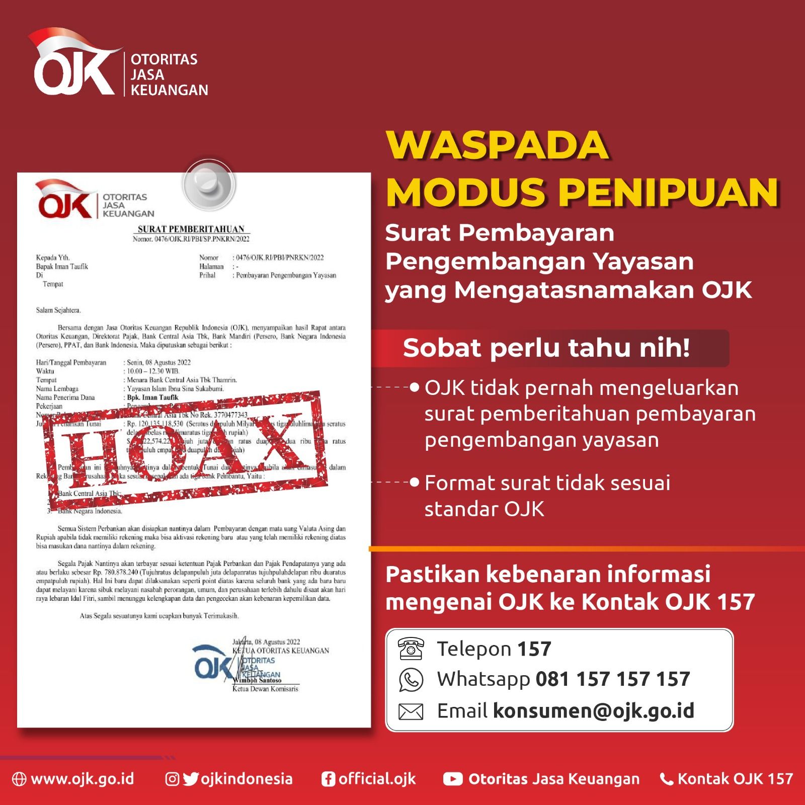 Pemilik Yayasan Harap Waspada Modus Penipuan Mengatasnamakan OJK 