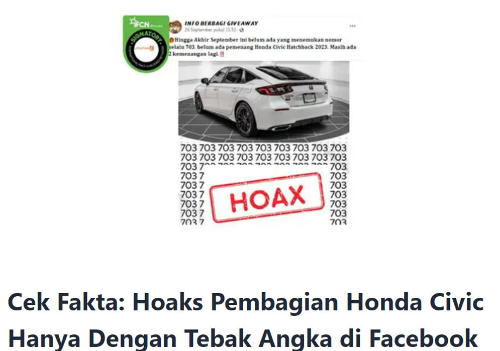 Hoaks Pembagian Honda Civic dengan Menebak Angka di Facebook